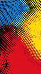 Colorful Halftone Explosion: An abstract composition featuring vibrant splashes of red, yellow, and blue, juxtaposed with a halftone dot pattern to create a dynamic visual effect.
