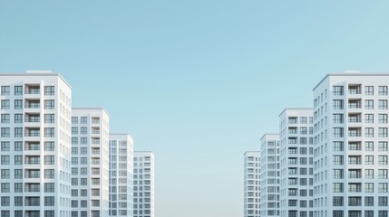 Obraz premium Modern white apartment buildings against a clear blue sky. Architecture and urban development concept.
