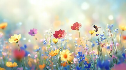 Obraz premium Bee collecting nectar from wildflowers nature photography outdoor close-up pollination