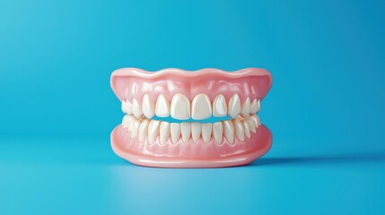 Obraz premium Full set of dentures on a blue background. Concept of dental health, prosthetics, and care.