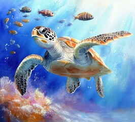 Obraz premium Watercolor illustration of a sea turtle swimming with colorful fish in the ocean blue water at the sandy bottom