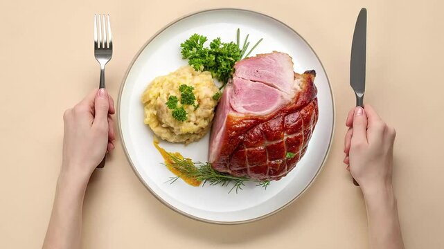 Traditional German Pork Knuckle with Pea Puree and Sauerkraut - Rustic Bavarian Dish- looped 4к video