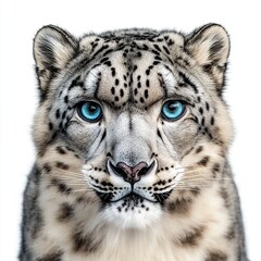 Naklejka premium Majestic snow leopard portrait with striking blue eyes against a white background.