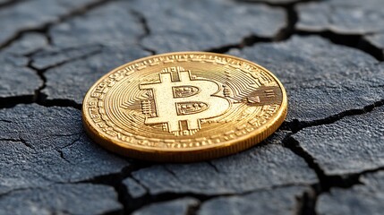 Close up of Gold Bitcoin Cryptocurrency on Cracked Surface Digital Currency Concept