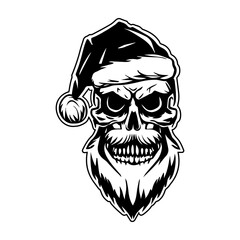 Evil Santa skull illustration in black and white. Perfect for t-shirt designs, tattoos, clipart, stickers, cut files, Halloween and Christmas art.