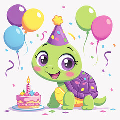Obraz premium Cute chibi turtle celebrating with birthday cake and colorful balloons
