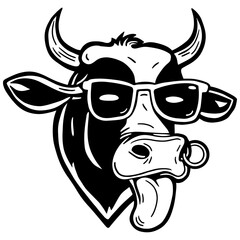 A playful cartoon illustration of a cow's head wearing glasses and sticking out its tongue, perfect for fun and creative projects.