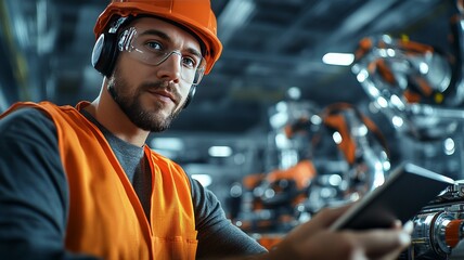 A factory worker in a modern manufacturing facility, attentively analyzing data on a tablet. Generative AI
