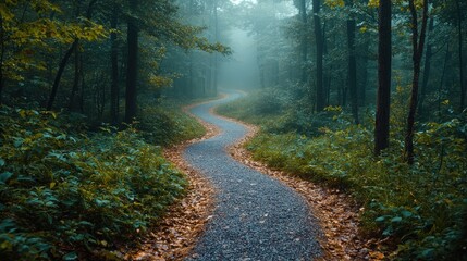 Obraz premium Winding path through misty forest.