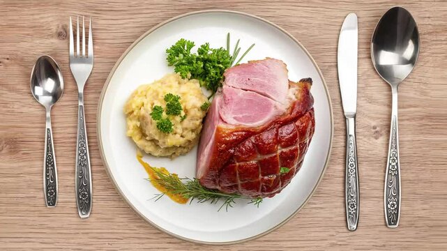 Traditional German Pork Knuckle with Pea Puree and Sauerkraut - Rustic Bavarian Dish- looped 4к video