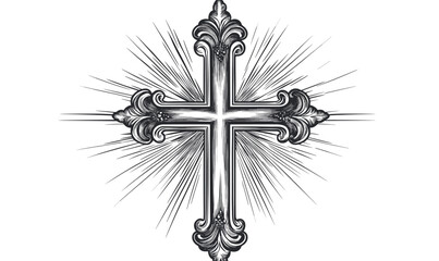 Ornate christian cross with radiating lines, decorative religious symbol, linear icons set, vector.