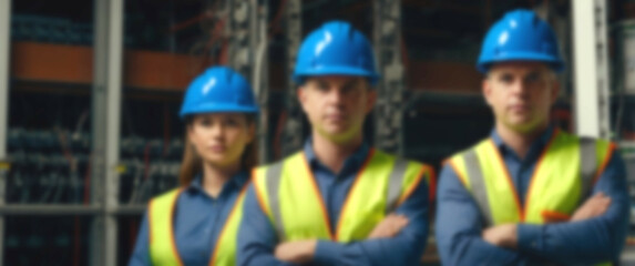 Blurred background showcasing dedicated electricians, each in blue safety gear, standing in formation with arms folded to convey unity and skill