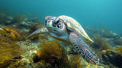 Obraz premium Underwater Close up of Green Sea Turtle Swimming in Kelp Forest