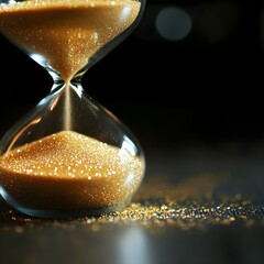 An hourglass with golden sand slowly flowing, black background, symbolizes the value of time.