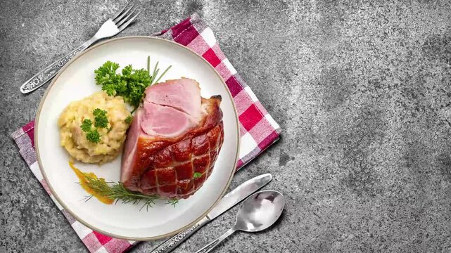 Traditional German Pork Knuckle with Pea Puree and Sauerkraut - Rustic Bavarian Dish- looped 4к video