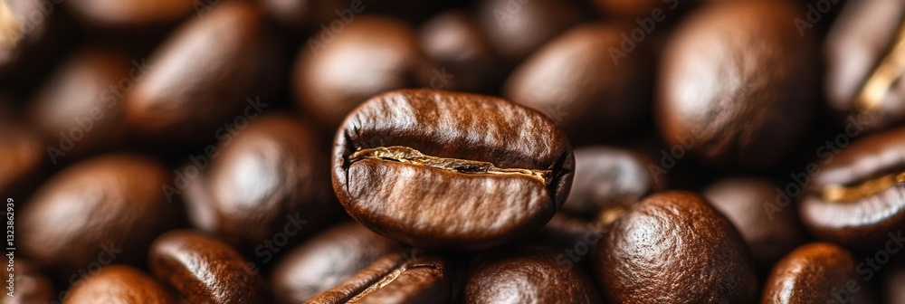 Poster close-up view of roasted coffee beans with warm brown tones and a standout bean for texture explorat