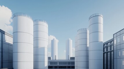Fototapeta premium Industrial plant with silos and buildings against a blue sky. Concept of industry, manufacturing, and storage.