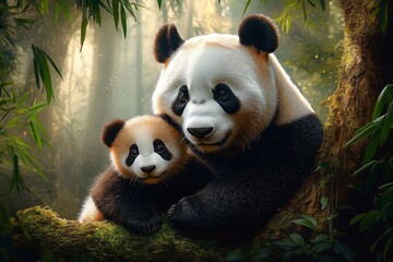 Obraz premium A close-up portrait of a mother panda and her cub in a lush bamboo forest, perfect for Mother's Day themes, family-oriented content, or wildlife conservation awareness.