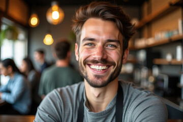 Obraz premium A cheerful young barista standing confidently in a modern cafe. Warm lighting