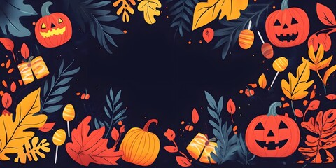 Halloween sale banner with sweets, pumpkins and autumn leaves, vibrant colors, clearly defined areas, ideal for websites.