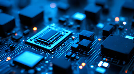High-tech circuit board background, abstract digital technology presentations, electronic components, digital infrastructure, blue tech theme, modern electronics evolution expansion background imag