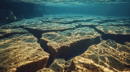 Obraz premium A serene underwater landscape featuring textured formations illuminated by sunlight, creating a captivating pattern on the sandy ocean floor.