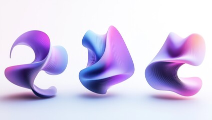 Three abstract purple, pink, and blue 3D shapes.