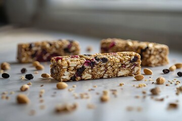 Macro shot of homemade granola bars loaded with dried fruits and nuts, arranged on a stone surface, showcasing a healthy and delicious snack option for any time.