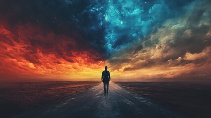 Fototapeta premium Journey of self-discovery a figure stands amidst colorful skies open road digital art surreal environment
