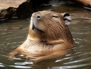 Fototapeta premium Capybara enjoying serene submersion in tranquil waters with closed eyes
