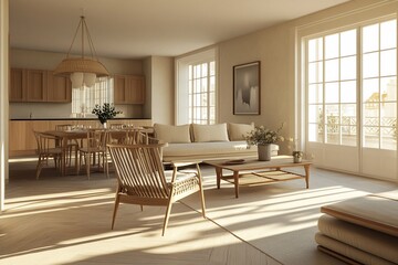 Fototapeta premium Modern Apartment Interior with Light Wood Furniture and Large Windows