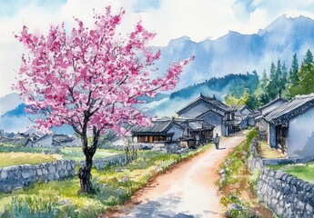 Obraz premium Blossoming Cherry Tree in Early Spring Countryside Landscape