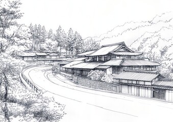 Fototapeta premium Traditional Japanese Countryside Landscape with Ancient Farmhouses