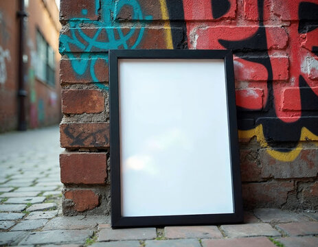 Blank Black Frame Against Urban Graffiti Brick Wall