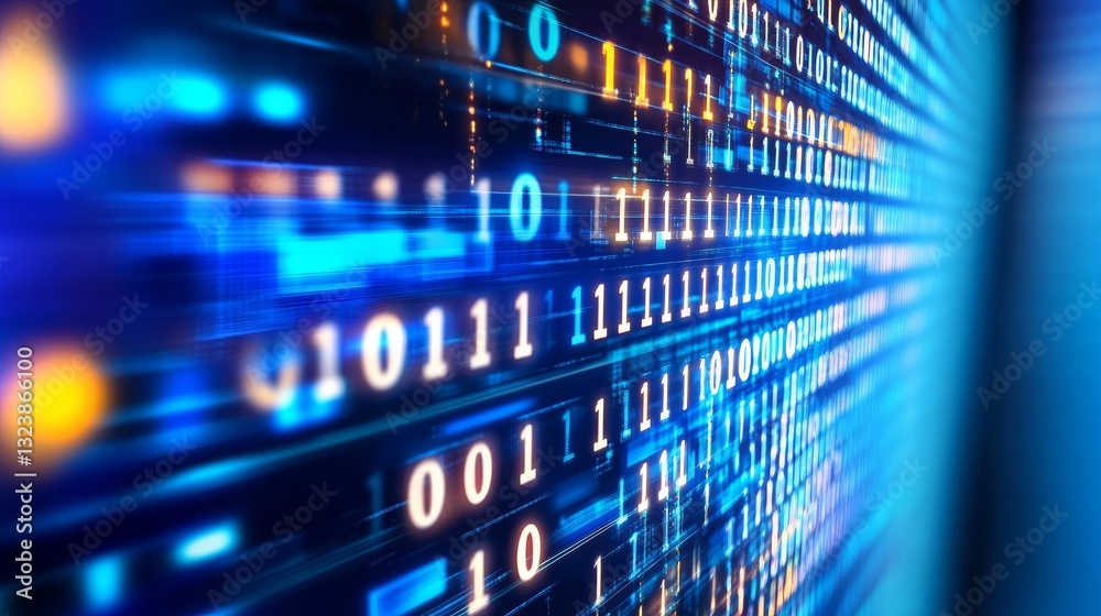 Poster abstract representation of digital data flow with binary code on a vibrant blue background
