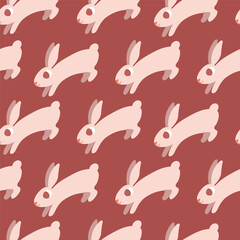 Seamless Pattern Featuring Playful Rabbits On a Warm Red Background