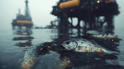 Fototapeta premium The image shows dead fish floating in polluted water near an oil rig, highlighting environmental concerns and the impact of industrial activities on marine life.