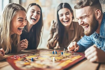 Fototapeta premium A group of friends laughing heartily while playing a board game together in a cozy, well-lit room, enjoying each other's company and having a great time indoor.