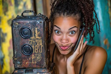 A whimsical portrait of a young woman making a funny face while holding a smartphone next to a vintage device, creating a playful contrast and intriguing narrative.