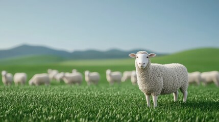 Fototapeta premium Sheep standing in a green field with other sheep grazing in the background. Concept of agriculture, livestock, and rural landscape.