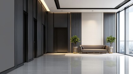 Fototapeta premium Modern lobby interior with sofa, plants, and large windows. Contemporary design with marble floor and elegant lighting.