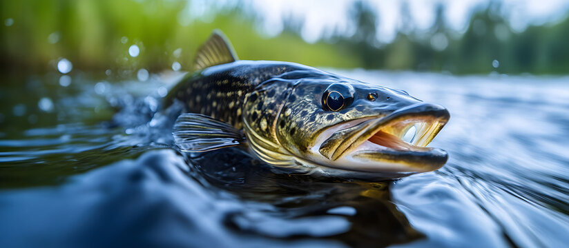 Pike fishing. Fisherman catch big fish with splash in water