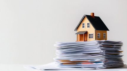 small house model sits atop large stack of documents, symbolizing real estate paperwork and home ownership. image conveys complexity and volume of paperwork involved in property transactions