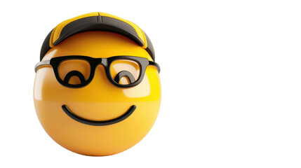 Smiling emoticon wearing glasses and cap on transparent background