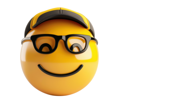 Smiling emoticon wearing glasses and cap on transparent background - Powered by Adobe