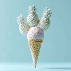 Minimalist Summer Concept Three Textured White Pineapples Floating Above Waffle Cone on Pastel Blue Background