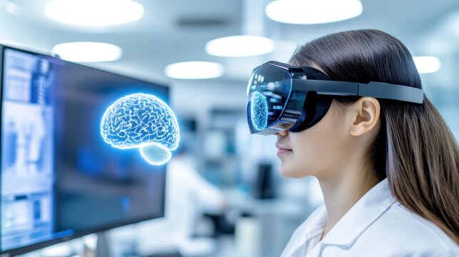 Woman With Vr Headset Exploring Holographic Brain Tech