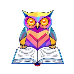 Obraz premium Geometric Owl Reading a Book Vibrant Polygonal Illustration of an Owl with Open Book in Bright Colors on White Background Best for Educational Children's Book Day Materials