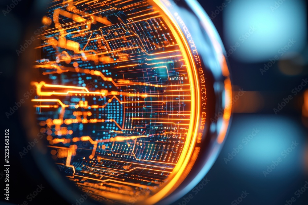Poster abstract futuristic technology background displaying complex circuitry with glowing orange lines and