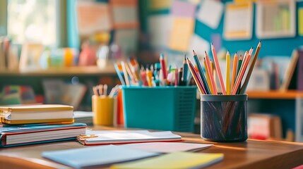 Cozy Workspace: Study Desk with Colorful Pencils, Books, and School Supplies for Creative Learning and Productive Work from Home.